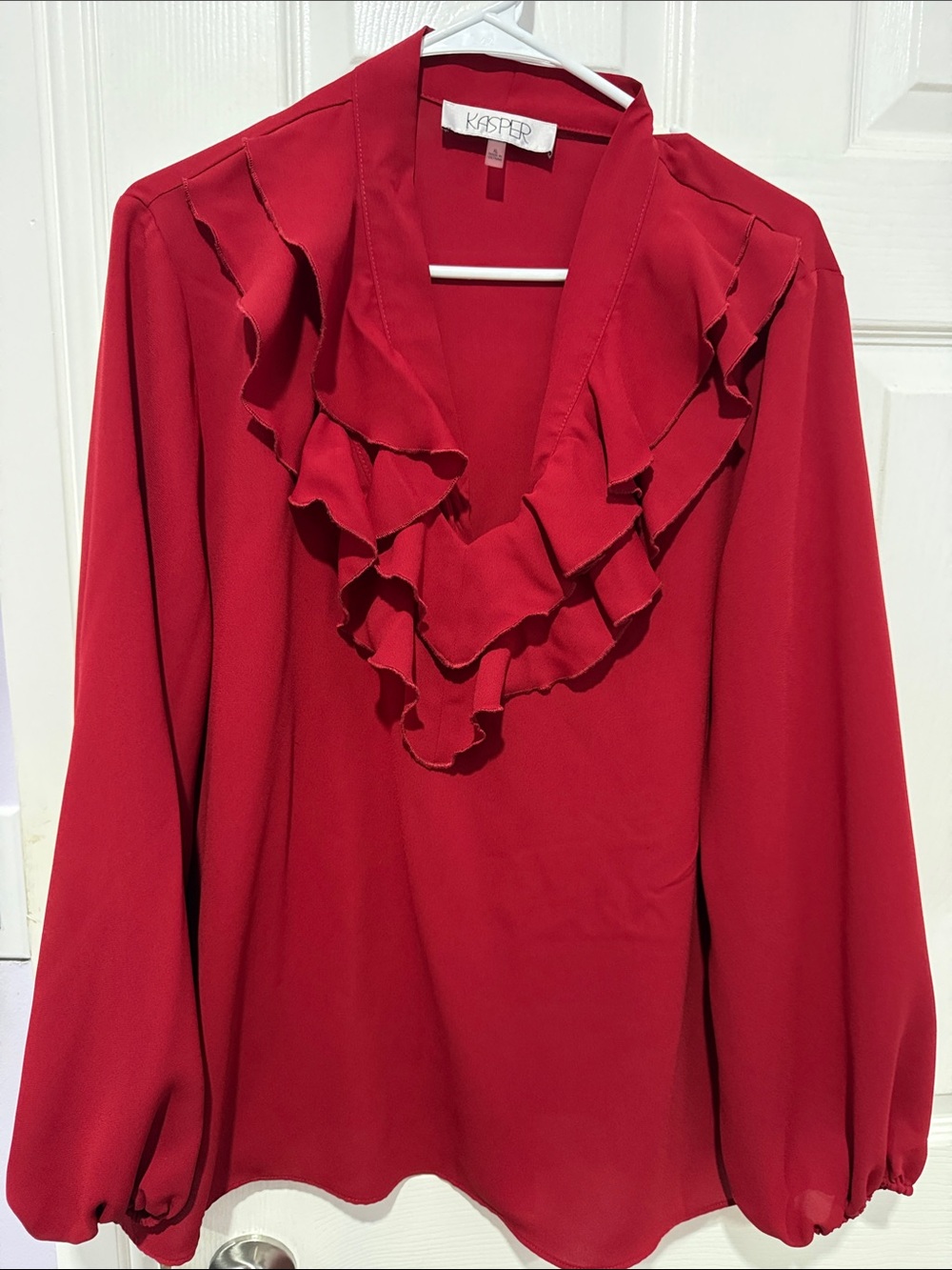 Kasper Red Ruffle V-Neck Long Sleeve Blouse